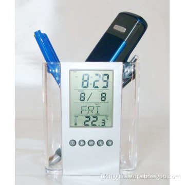 Transparent Pen Holder with Desk Clock